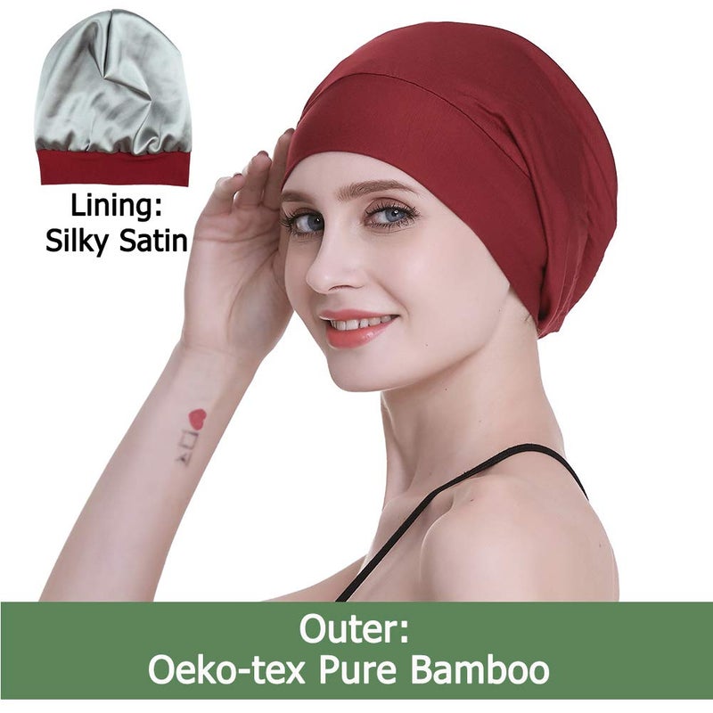 FocusCare Soft Sleep Cap Protect Hair Bonnet Gifts for Daughter Night Headwear Burgundy - Image 4